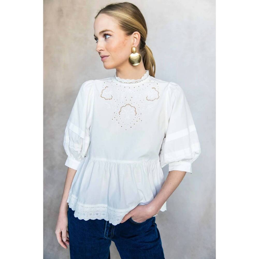 NEW BEFORE YOU eyelet balloon sleeve blouse in white